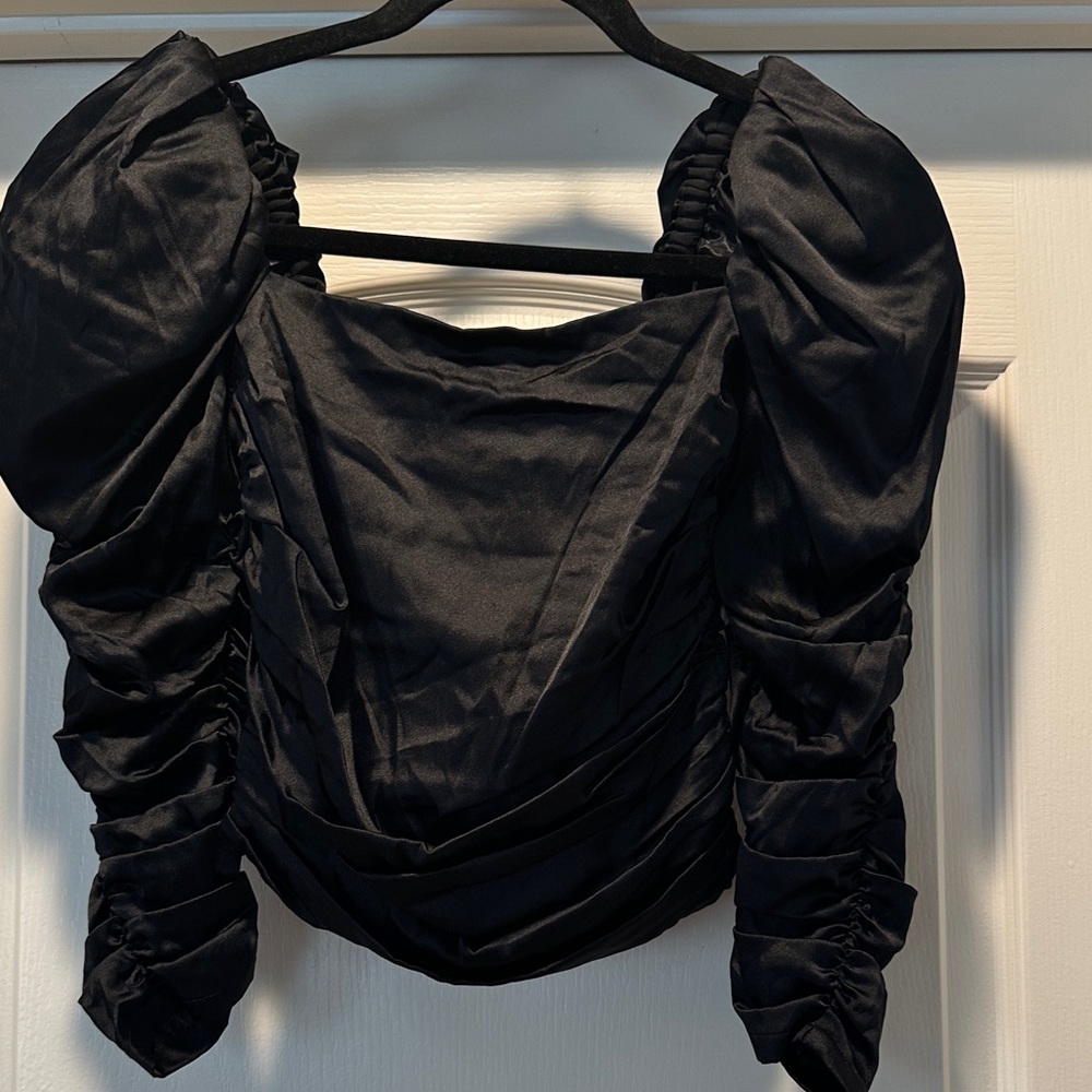 Alice + Olivia Black Satin Ruched Puff Sleeve Crop Top